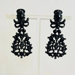 VTG Jeweled Dazzling Tara Earrings ornate Clip crystal rhinestone dangle 2.5"